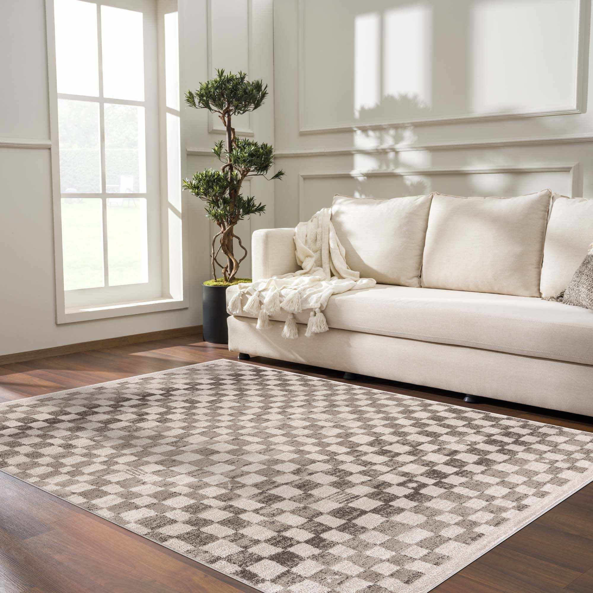 Hauteloom Pertek Modern Checkered Area Rug - Modern Geometric Carpet for Living Room, Kids Room, Nursery - Bohemian Boho Carpet - Brown, Beige, Cream - 5'3" x 7'