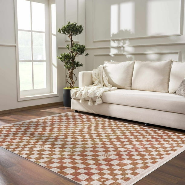 Hauteloom Pertek Modern Checkered Area Rug - Modern Geometric Carpet for Living Room, Kids Room, Nursery - Bohemian Boho Carpet - Cream, Beige, Light Red, Somon - 5'3" x 7'