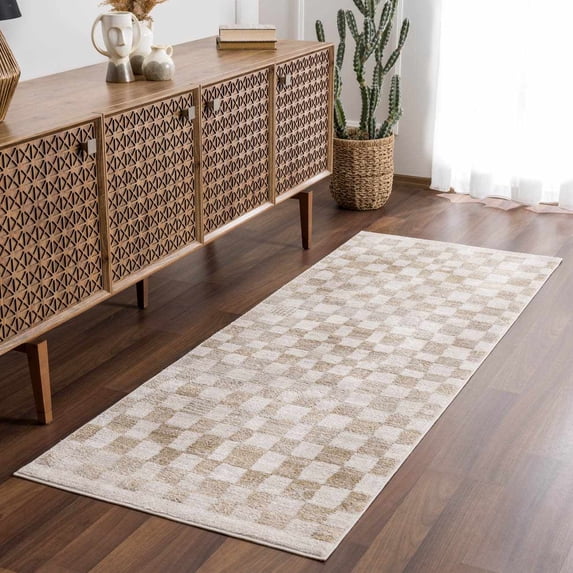 Hauteloom Pertek Modern Checkered Area Rug - Modern Geometric Carpet for Living Room, Kids Room, Nursery - Bohemian Boho Carpet - Cream, Gold - 2'7" x 7'3"