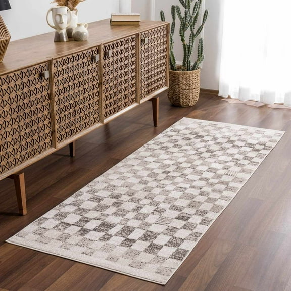 Hauteloom Pertek Modern Checkered Runner Rug - Modern Geometric Carpet for Hallway, Kids Room, Nursery - Bohemian Boho Carpet - Cream, Beige, Tan - 2'7" x 10'