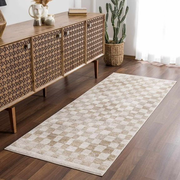 Hauteloom Pertek Modern Checkered Runner Rug - Modern Geometric Carpet for Hallway, Kids Room, Nursery - Bohemian Boho Carpet - Cream, Gold - 2'7" x 10'