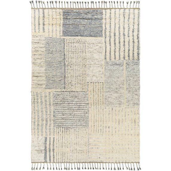 Hauteloom Xomox Wool Living Room, Bedroom Area Rug - Patchwork Striped Abstract - Bohemian Transitional Moroccan - High Pile - Cream, Gray, Beige - 2' x 3'