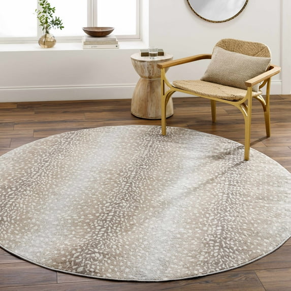 Hauteloom Pointblank Modern Animal Print Area Rug for Living Room, Bedroom - Bohemain Leopard Print Carpet - Contemporary Antelope Print Rug - Gray, Brown, Beige - 6'7" Round Rug