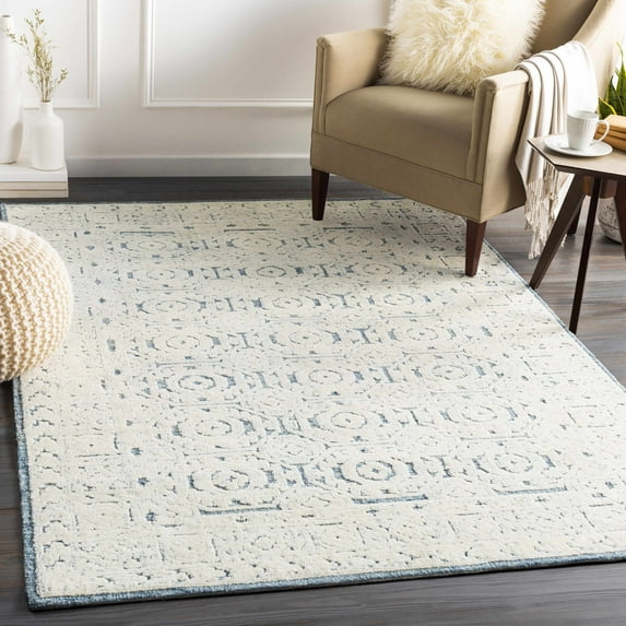 Hauteloom Poland Wool Living Room, Bedroom Area Rug - Modern Farmhouse Transitional Soft Carpet - Blue, Cream, Beige - 6' x 9'