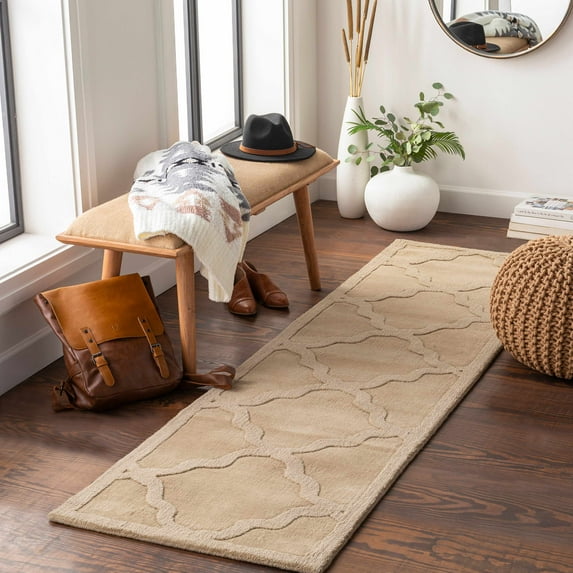Hauteloom Posen Wool Living Room, Bedroom Area Rug - Solid & Border - Beige - 5' x 7'6"