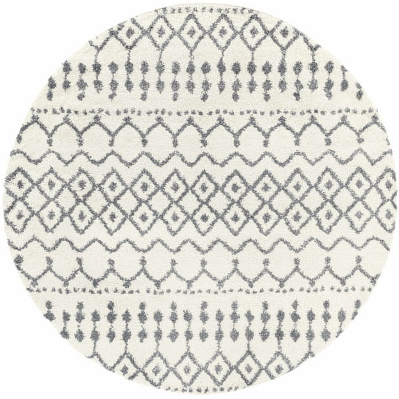 Hauteloom Interior Living Room, Bedroom Area Rug - Bohemian, Transitional - Plush Pile - Gray, White - 6'7" Round