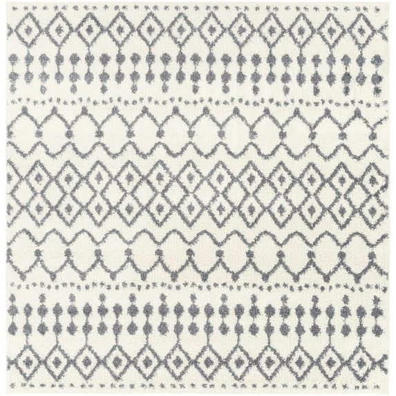 Hauteloom Interior Living Room, Bedroom Area Rug - Bohemian, Transitional - Plush Pile - Gray, White - 6'7" Square