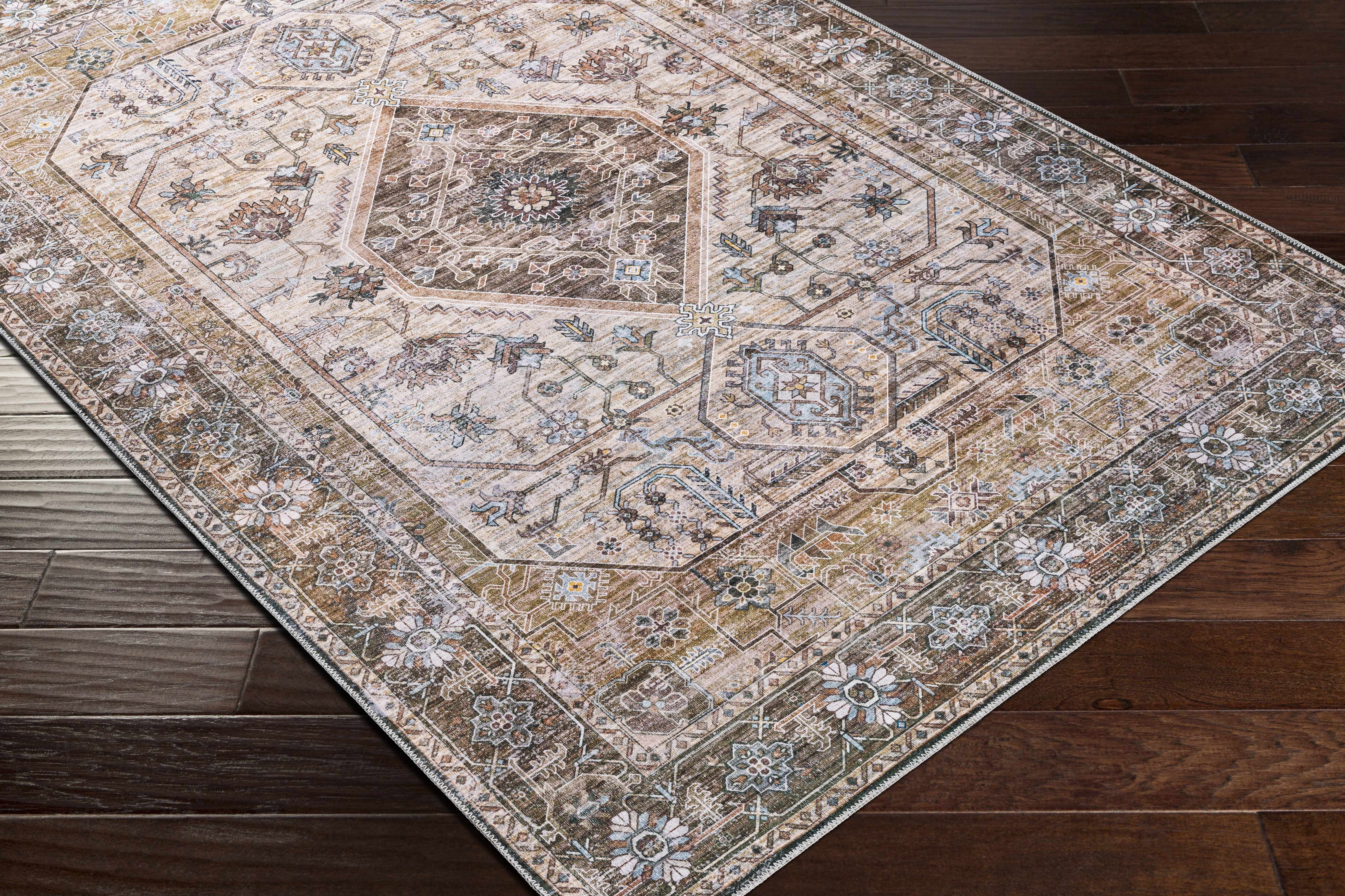 Hauteloom Beige and Ice Blue Washable Polyester Area Rug 3' x 5'