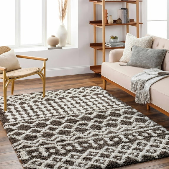 Hauteloom Promp Shaggy Farmhouse Living Room, Bedroom Area Rug - Bohemian Moroccan Trellis High Plush Pile - Shag Carpet - Brown, White, Cream - 9'3" x 12'