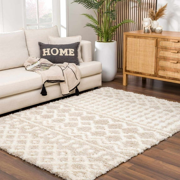 Hauteloom Promp Shaggy Farmhouse Living Room, Bedroom Area Rug - Bohemian Moroccan Trellis High Plush Pile - Shag Carpet - Grey, Cream, White - 6'7" Round