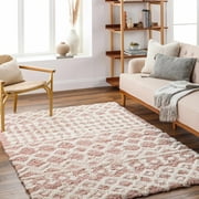 Hauteloom Promp Shaggy Farmhouse Living Room, Bedroom Area Rug - Bohemian Moroccan Trellis High Plush Pile - Shag Carpet - Pink, White, Cream, Salmon - 9'3" x 12'