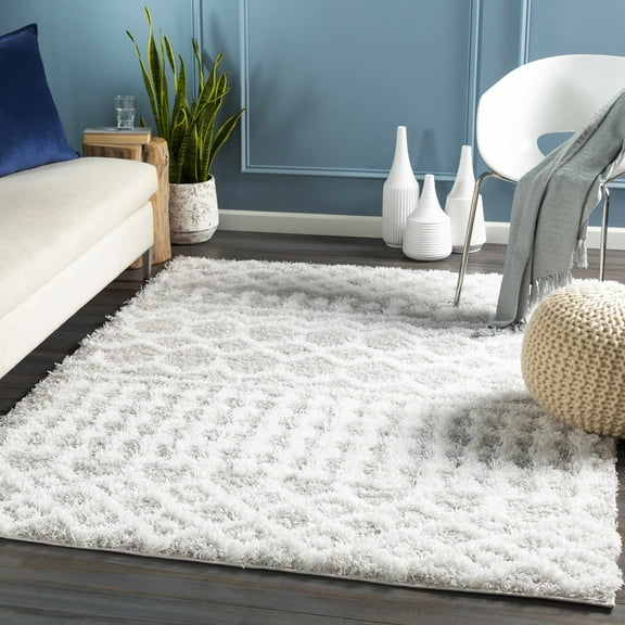 Hauteloom Promp Shaggy Farmhouse Small Area Rug - Bohemian Moroccan Trellis High Plush Pile - Shag Carpet - Grey, Light Gray, White - 2' x 2'11"