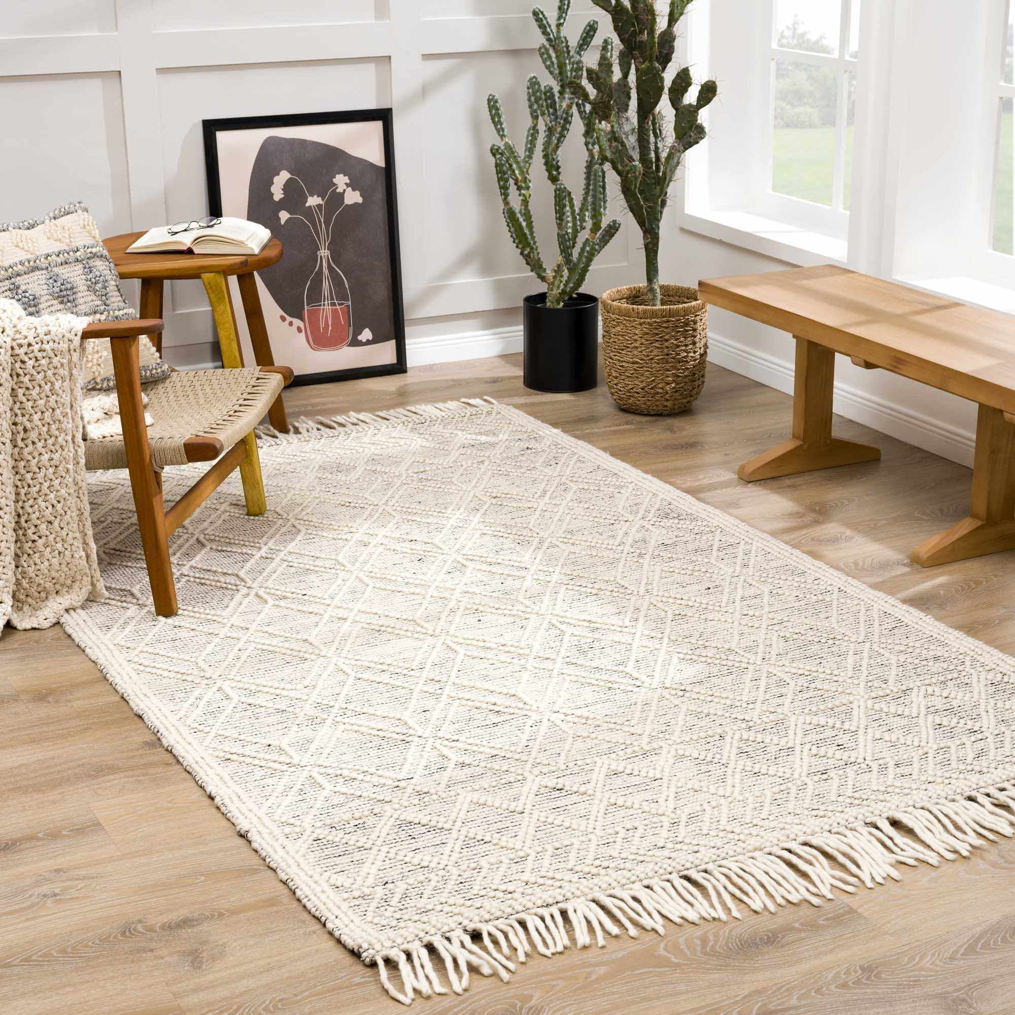 Ivory and Black Handwoven Wool Cotton 8' x 10' Area Rug