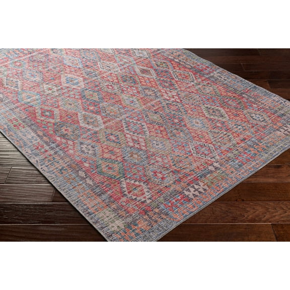 Hauteloom Ranao Living Room, Bedroom Machine Washable Area Rug - Traditional - Blue, Red, Peach - 6'7" x 9'