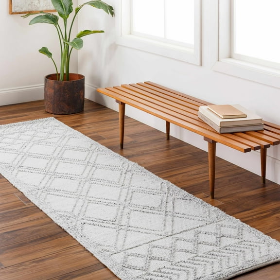 Hauteloom Rena Recycled Material Hallway, Kitchen Runner Rug - Bohemian, Transitional - White, Light Slate, Black - 2'6" x 8'