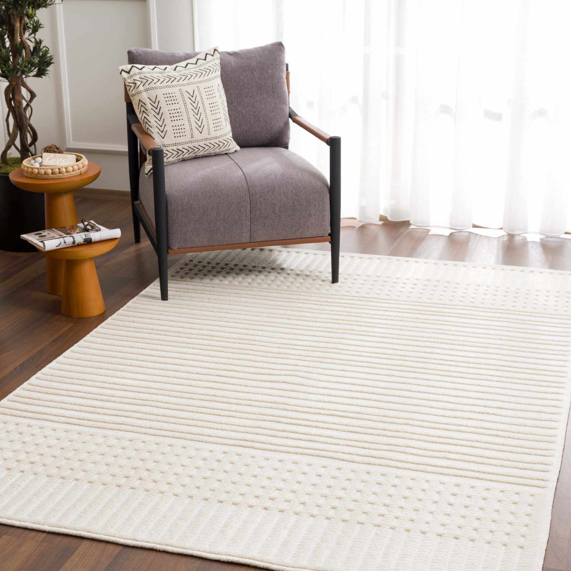 Hauteloom Rhun Living Room, Bedroom Machine Washable Area Rug - Bohemian Modern Farmhouse - Moroccan Transitional - White, Light Cream, Off White, Ivory - 7'10" x 10'1"