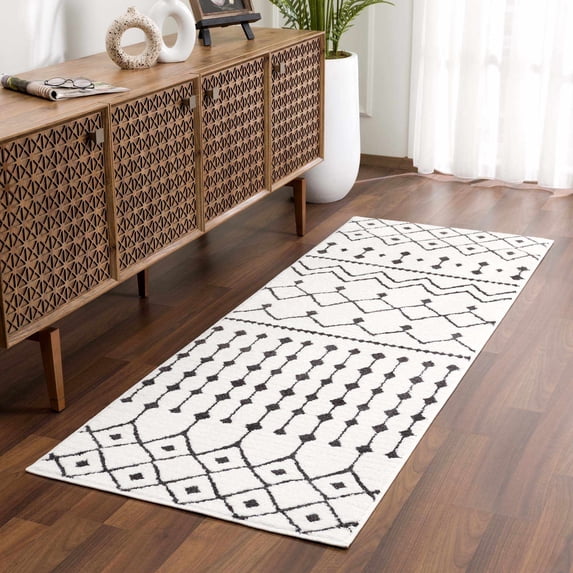 Hauteloom Ringwood Boho Moroccan Geometric Shag Runner Rug for Hallway, Kitchen - Bohemian, Transitional - High Pile - Black and White, Charcoal - 2'7" x 10'