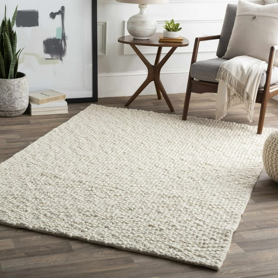 Hauteloom Rockfish Boho Hand Woven Wool Natural Fiber Soft Area Rug for Living Room, Bedroom, Dining Room- Traditional Farmhouse High Pile Braided Carpet - White, Ivory - 12' x 15'