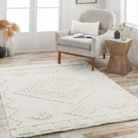 Hauteloom Rosales Farmhouse Living Room Bedroom Modern Moroccan Medallion Area Rug - Soft Shaggy High Low Carpet - High Pile - Bohemian, Boho - White, Beige, Cream - 7'10" x 10'
