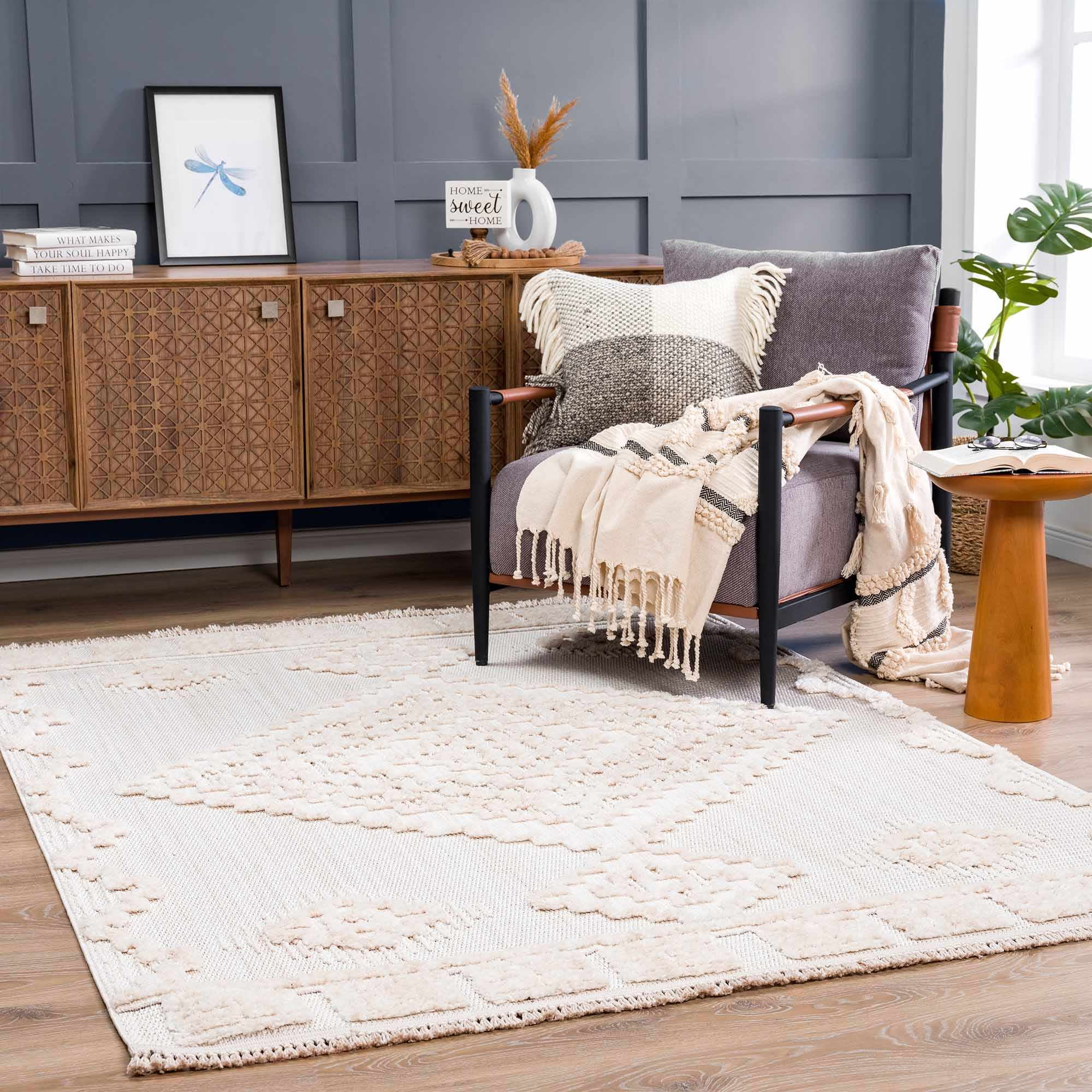 Cream Geometric High-Low Shag Area Rug 7'10" x 10'