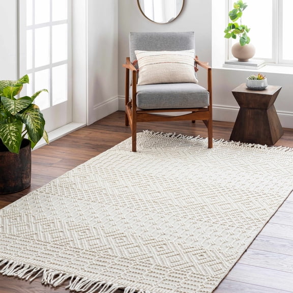 Hauteloom Ryne Boho Hand Woven Wool High Low Textured Area Rug - Farmhouse Moroccan Trellis Carpet for Living Room, Nursery - Handmade Zig Zag Bubble Weave - Ivory, Cream, White - 8' x 10' (8x10)