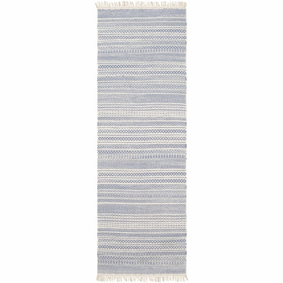 Hauteloom Paganini Wool Hallway, Kitchen Runner Rug - Striped Geometric Diamond - Traditional Transitional Boho - Blue, Cream, White - 2'6" x 8'