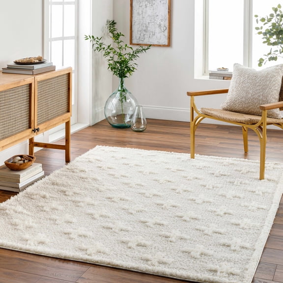 Hauteloom Satu Living Room, Bedroom Shag Area Rug - Soft Shaggy Plush Pile - Swiss Cross Carpet - Beige, White, Cream - 7'10" x 10'