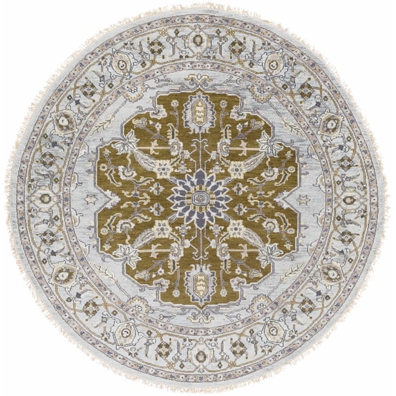 Hauteloom Diduya Wool Living Room, Bedroom Area Rug - Medallion Floral Border - Traditional Oriental Transitional - Olive, Gray, Cream - 8' Round