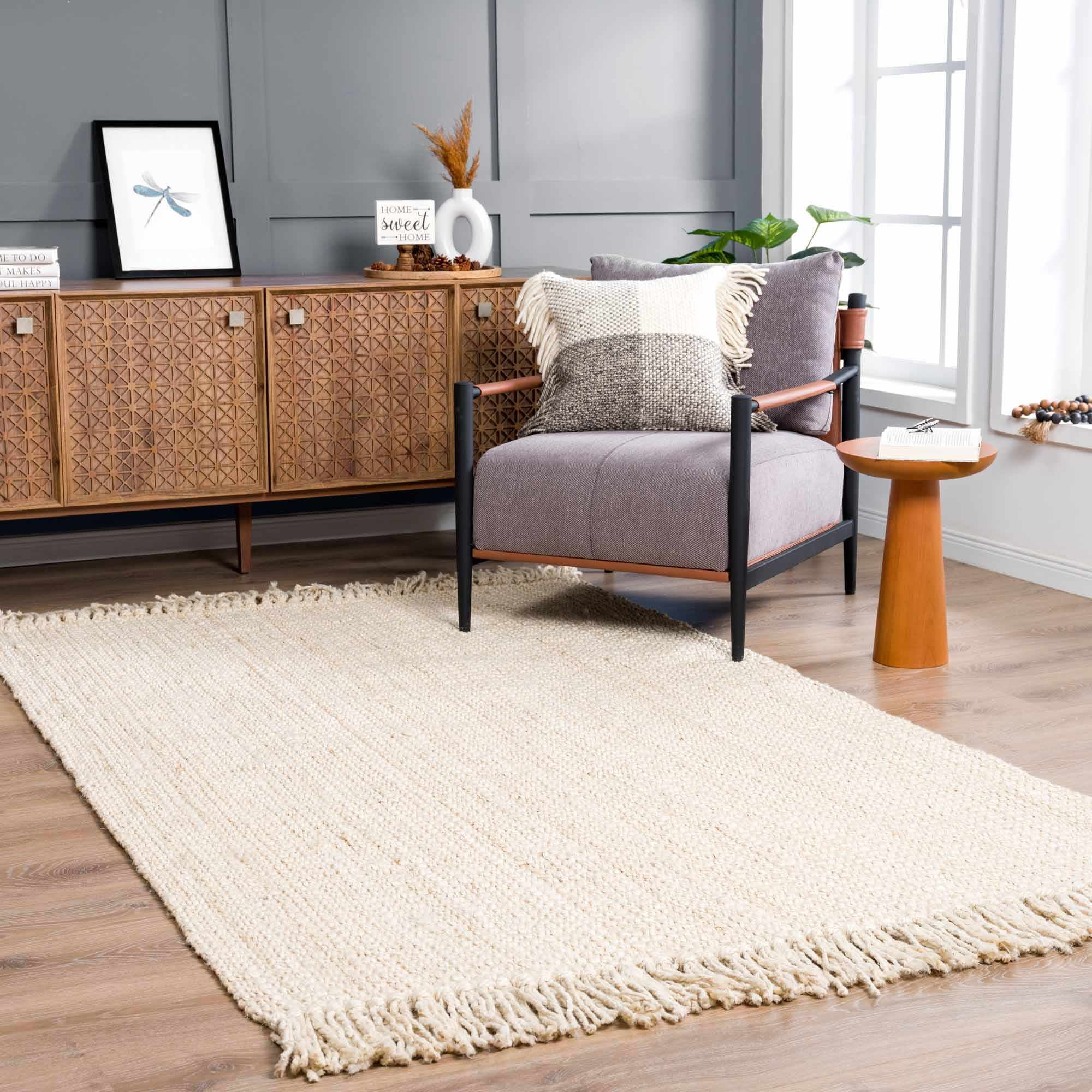 Ivory Handwoven Jute Rectangular Area Rug with Fringe, 7'6" x 9'6"