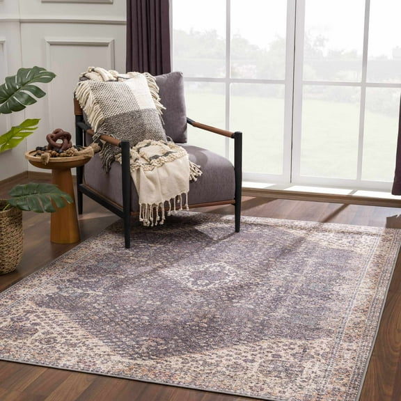 Hauteloom Seok Living Room, Bedroom Machine Washable Area Rug - Traditional Bohemian Carpet - Boho Vintage Distressed - Brown, Beige, Gray - 5'3" x 7'