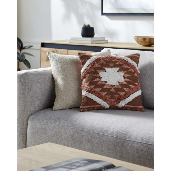 Hauteloom Shepardsville Decorative Throw Pillow Cover with Down Goose Feather Insert - Sofa Couch Cushion Pillow - Boho Farmhouse Lumbar Pillow - Cover%100 Cotton - Orange, Beige - 18" x 18"