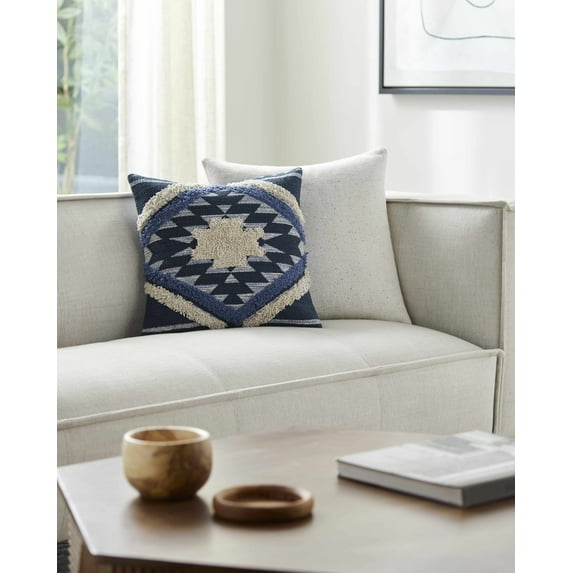 Hauteloom Shepardsville Decorative Throw Pillow Cover - Sofa Couch Cushion Cover - Boho Farmhouse Lumbar Pillow Cover -%100 Cotton - Dark Blue, Off White - Square 22" x 22"