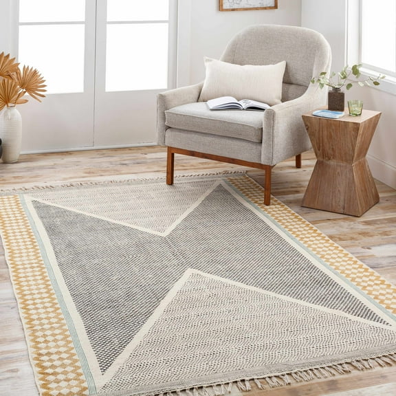 Hauteloom Sherbrooke Hand Woven Moroccan Area Rug for Living Room - Tribal Geometric Patterned Hand Made Carpet with Tassel -%100 Cotton Natural Fiber - Black, Beige, Brown - 3' x 5'