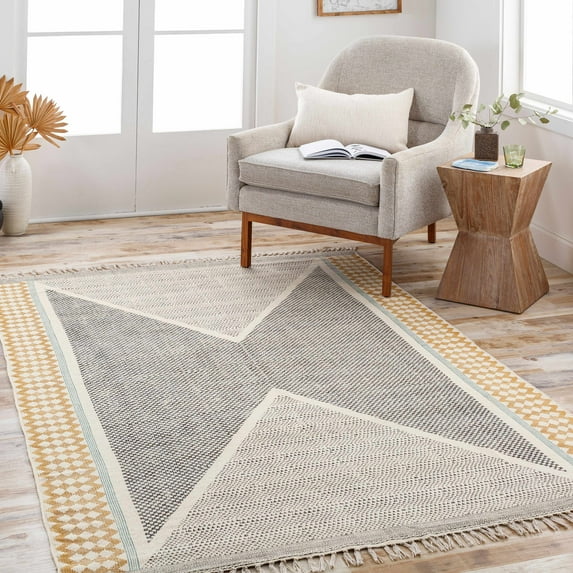 Hauteloom Sherbrooke Hand Woven Moroccan Extra Large Area Rug for Living Room - Tribal Geometric Patterned Hand Made Carpet with Tassel -%100 Cotton Natural Fiber - Black, Beige, Brown - 9' x 12'