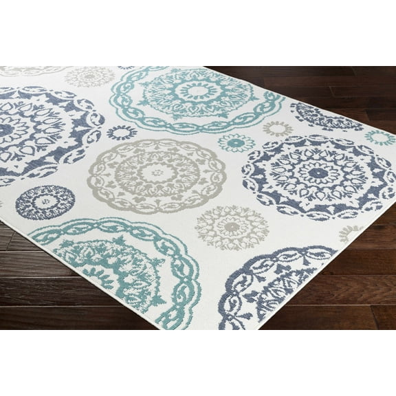 Hauteloom Shonkin Living Room, Bedroom Patio Outdoor Area Rug - Traditional, Transitional - Teal, Navy, White - 8'10" Round