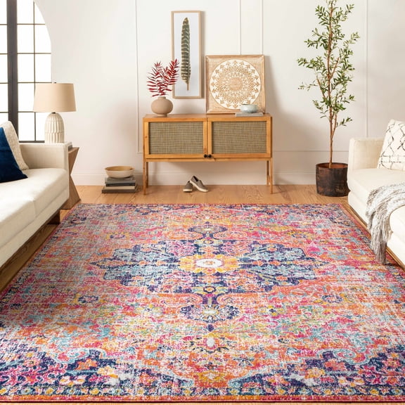 Hauteloom Shueyville Boho Colorful Area Rug for Living Room, Bedroom Area Rug - Traditional Vintage Medallion Carpet - Orange, Purple, Magenta, Teal - 9' x 12'6"