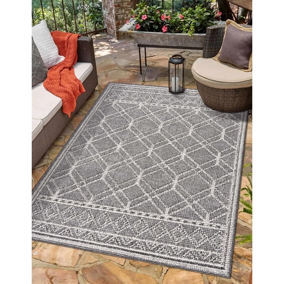 Hauteloom Siesta Outdoor Rug - Outside Porch Patio Area Rug Carpet - Waterproof Rug - Farmhouse - Dark Grey, Light Gray, Beige - 7'6" x 10'