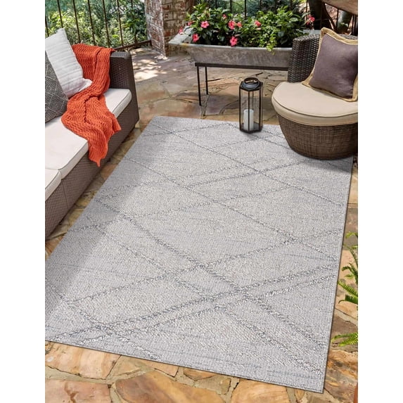 Hauteloom Siesta Outdoor Rug - Outside Porch Patio Area Rug Carpet - Waterproof Rug - Farmhouse - Grey, Blue - 5' x 7'