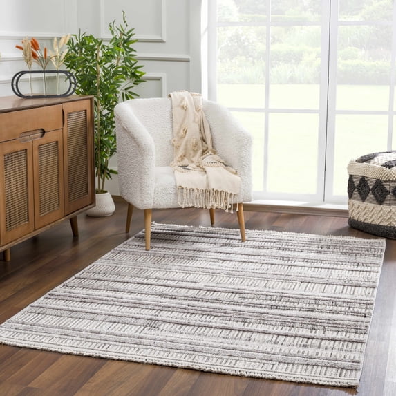 Hauteloom Silanga Farmhouse Living Room Bedroom Modern Striped Moroccan Area Rug - Soft Shaggy High Low Carpet - High Pile - Bohemian, Boho - Gray, Beige, Cream - 5'3" x 7'