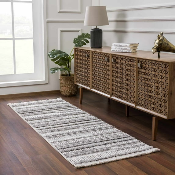 Hauteloom Silanga Farmhouse Living Room Bedroom Modern Striped Moroccan Runner Rug - Soft Shaggy High Low Carpet - High Pile - Bohemian, Boho - Gray, Beige, Cream - 2'7" x 7'3"