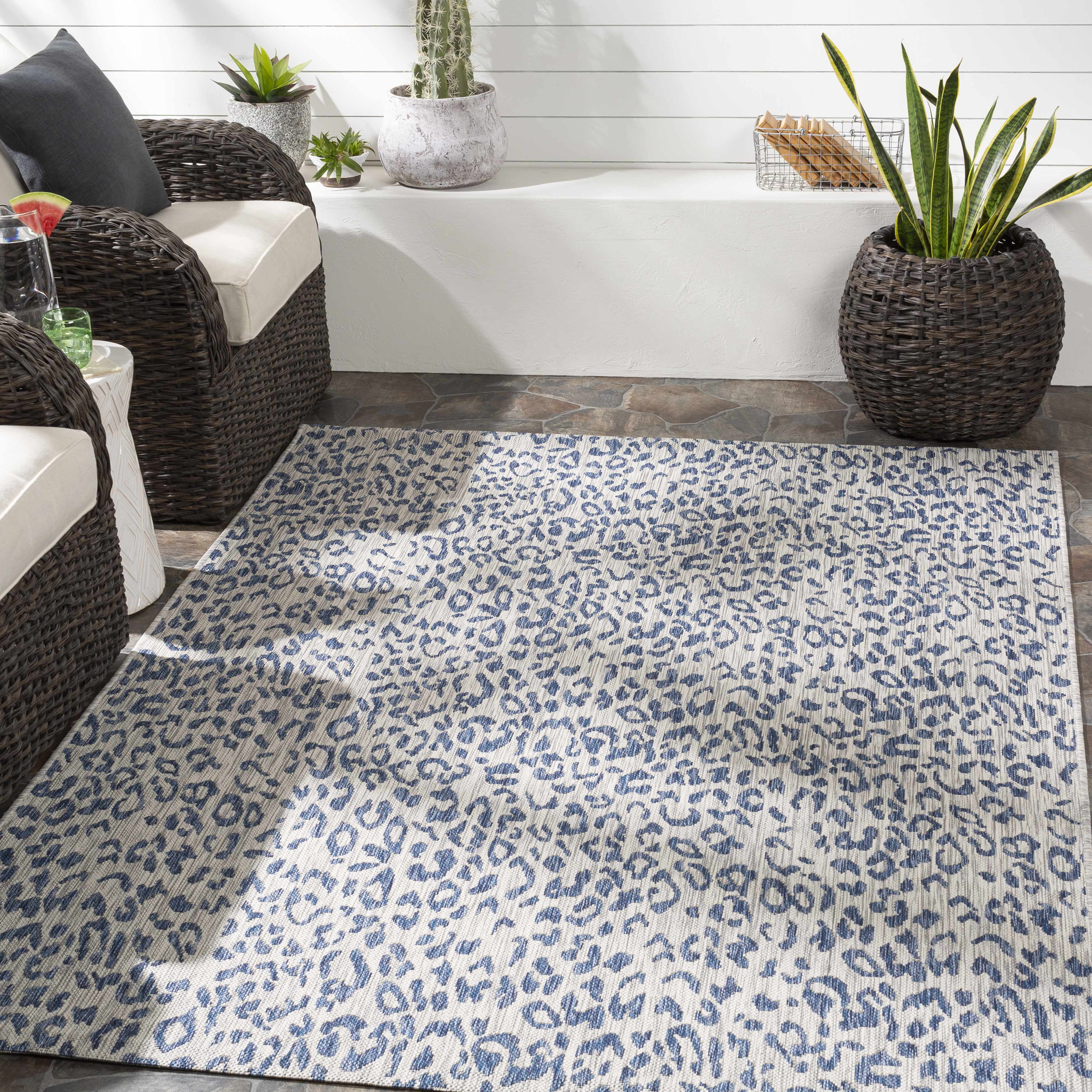 Skipsea Blue Leopard Print Washable Rectangle Rug 2' x 2'11"