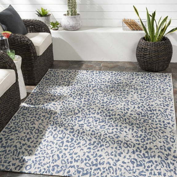 Hauteloom Skipsea Animal Print Living Room Bedroom Dining Room Outdoor Area Rug - Porch Patio Rug - Leopard Print - Blue, Gray - 2' x 2'11"