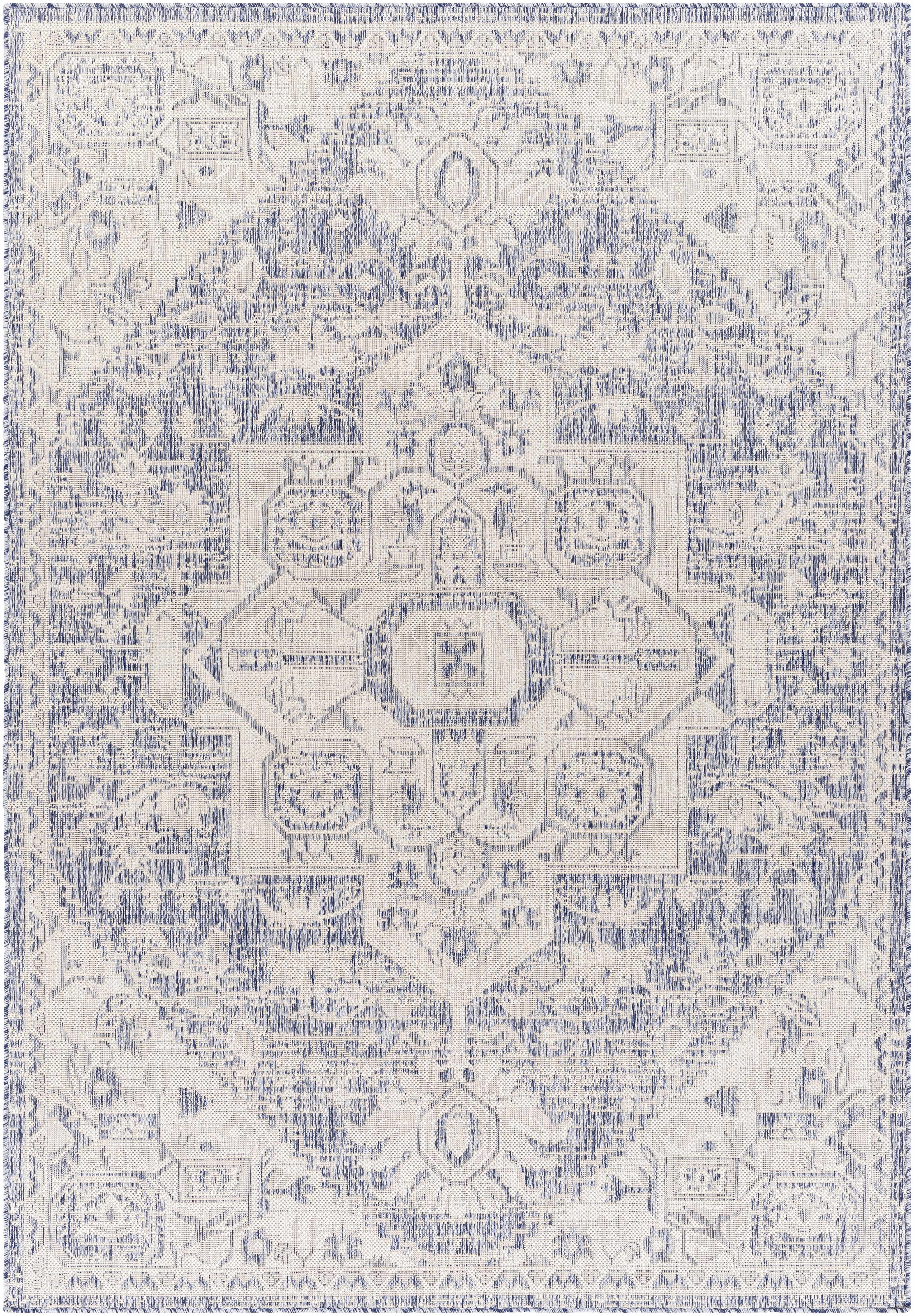 Aure Blue and Cream Polypropylene Traditional Area Rug 5'3" x 7'