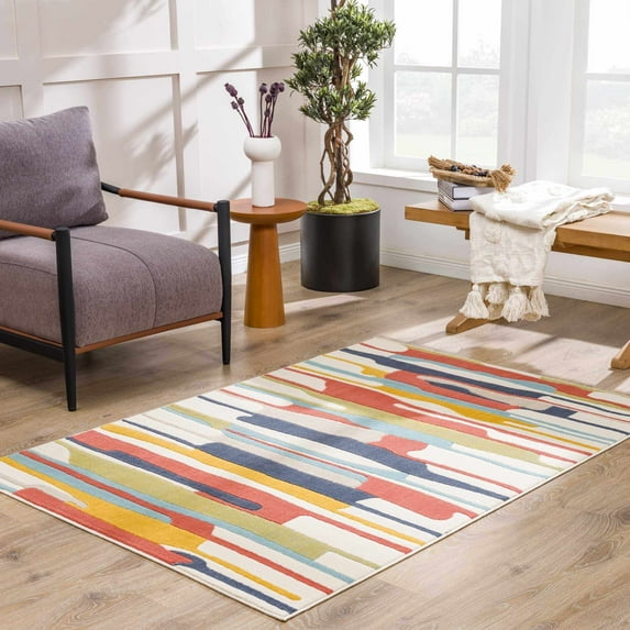 Hauteloom Aquino Modern Multicolor Small Area Rug - Contemporary Colorful Rainbow Striped Modern Rug Carpet - Door Mat - Red, Yellow, Blue, Green - 2' x 3'