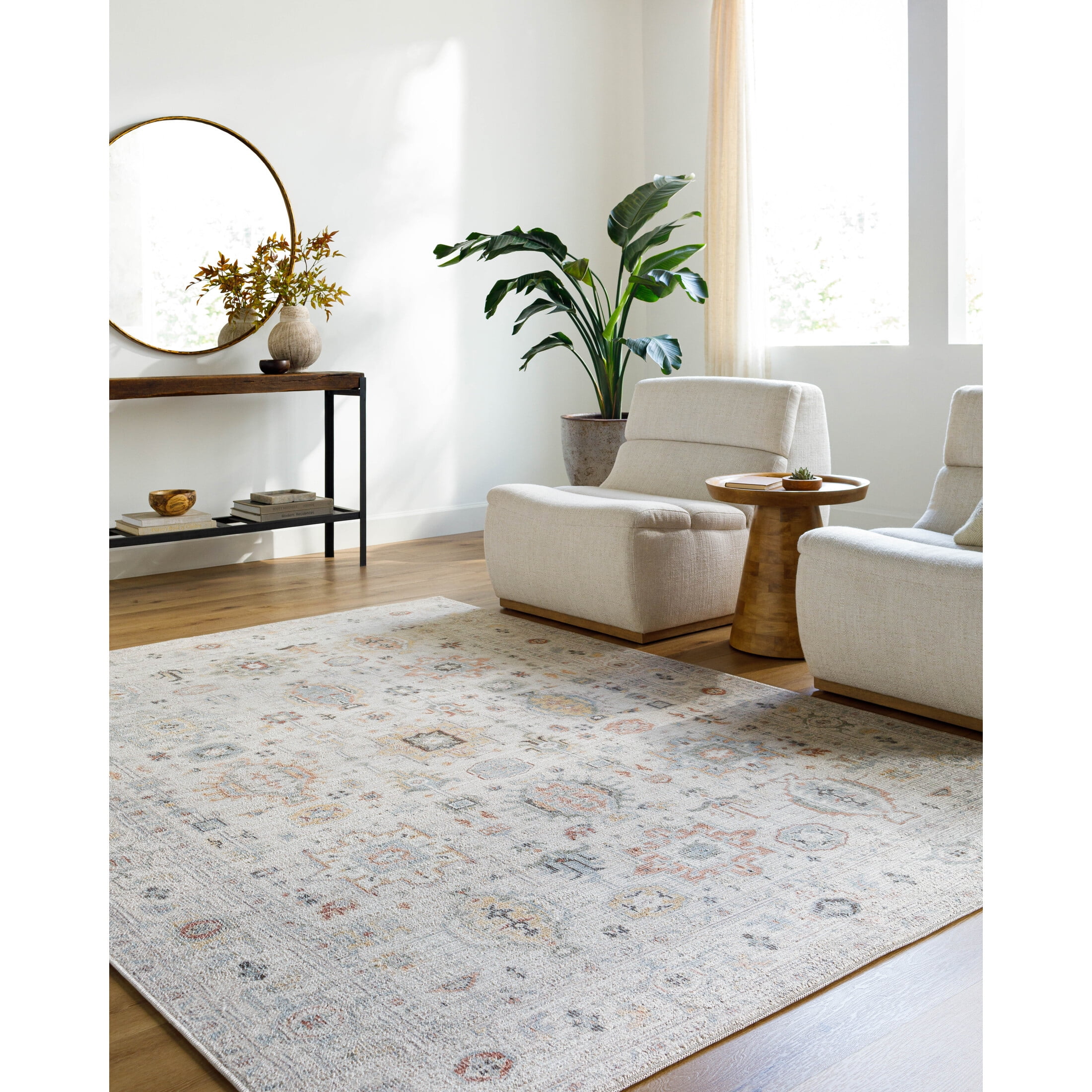 Ivory and Beige Medium Pile Synthetic Rectangular Area Rug