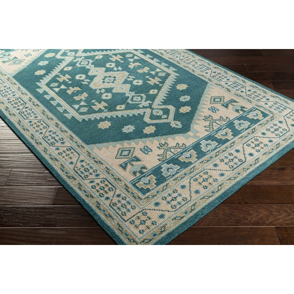 Hauteloom Stepps Wool Living Room, Bedroom Area Rug - Traditional - Teal, Beige, Aqua - 6' x 9'