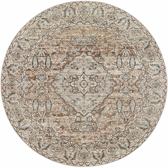 Hauteloom Suay Living Room, Bedroom Area Rug - Oriental Traditional Bohemian - Light Brown, Light Blue - 5'3"- Round