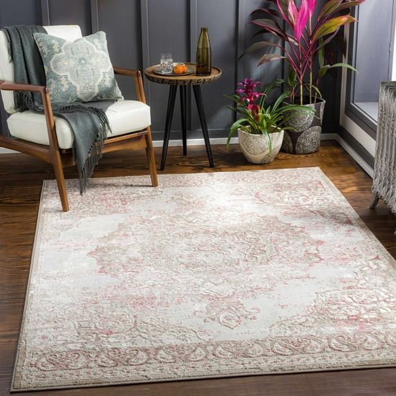 Hauteloom Sugbongkogon Living Room, Bedroom Area Rug - Traditional - Pale Pink, Dark Pink, Light Brown - 7'10" x 10'