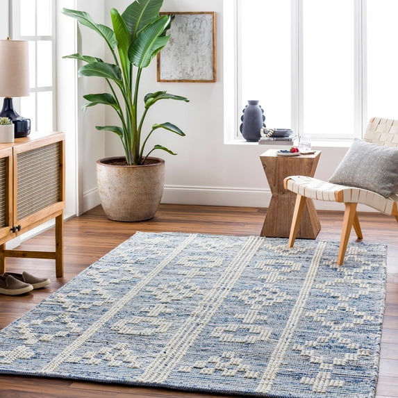 Hauteloom Suna Living Room, Bedroom Area Rug - Global - High Pile - Blue, Gray - 8' x 10'