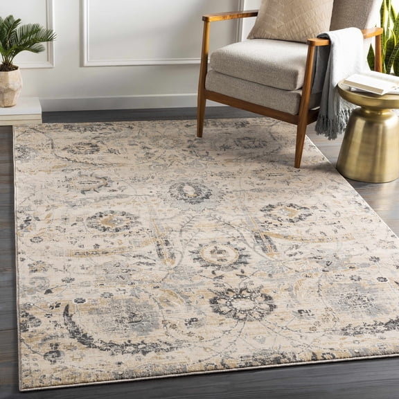 Hauteloom Sunnyside Rustic Farmhouse Living Room Bedroom Dining Room Large Area Rug - Style - Traditional Floral Look - Bluish Medium Grey, Beige, Light Brown, Cream, Black - 8'10" x 12'